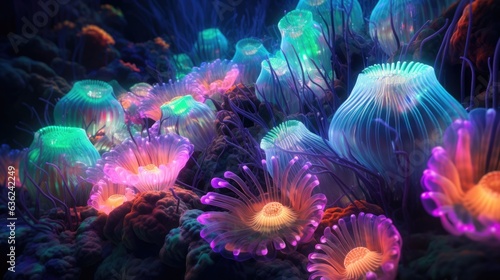 Sea anemones underwater Close-up. Vibrant sea anemone Fish. Colorful abstract natural texture  panoramic underwater background. Concept art  graphic resources  macro photography. AI illustration..