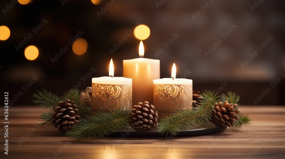 Ikebana Candles and a spruce branch. Christmas decorations created with Generative AI technology Ikebana Candles and a spruce branch. Christmas decorations created with Generative AI technology