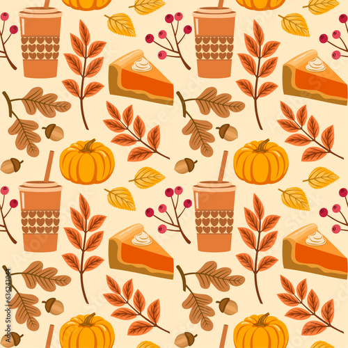 Pumpkin spice latte vector background  pumpkin pie and garden foliage  decorative seamless pattern.