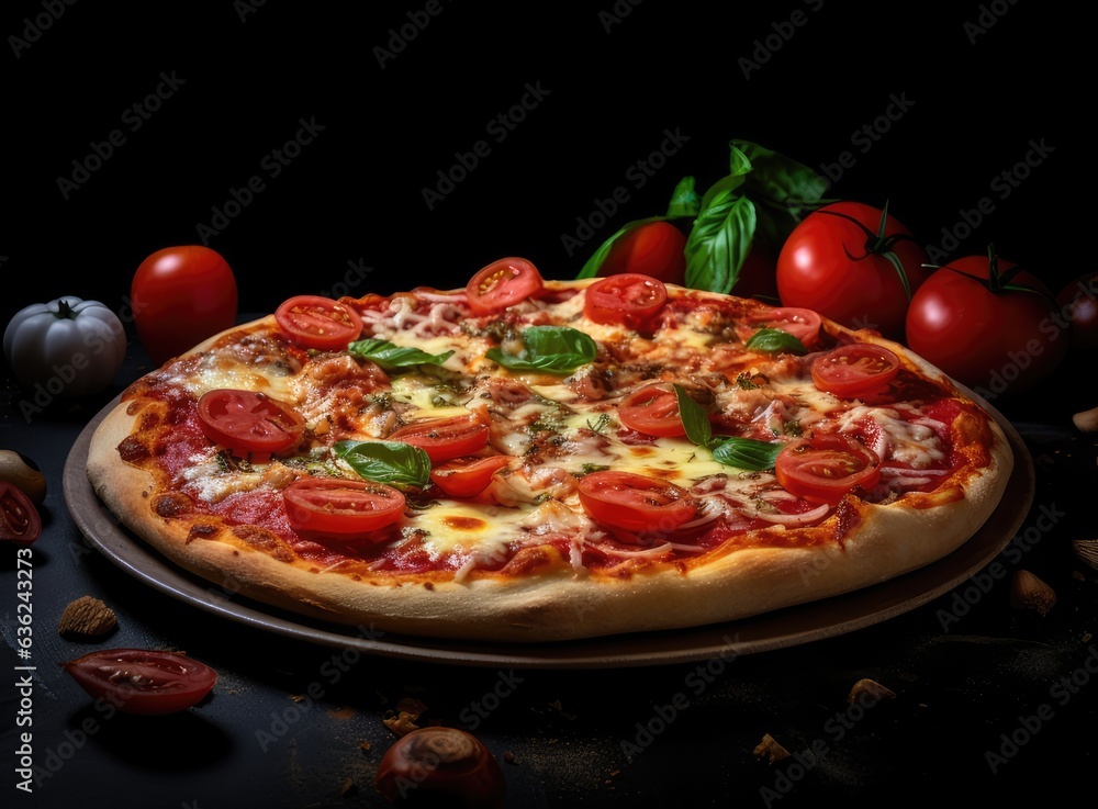 The pizza cut into pieces lies on a metal baking sheet. The concept of home cooking. Created with Generative AI technology. The pizza cut into pieces lies on a metal baking sheet. The concept of home cooking. Created with Generative AI technology.