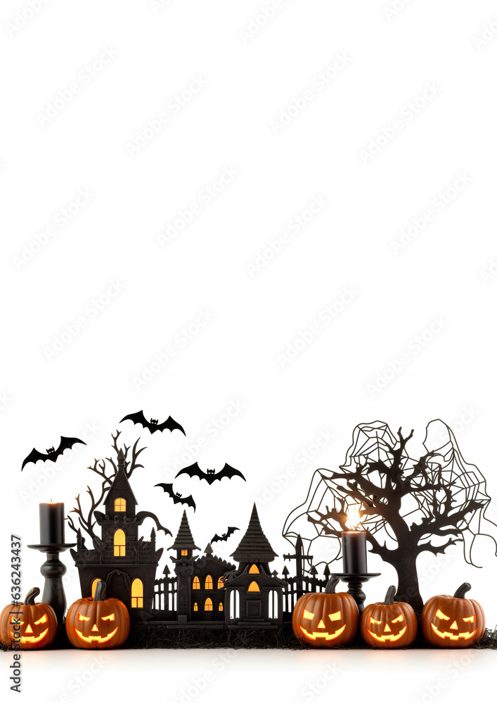 White Halloween background with empty space. Pumpkin, Jack O'Lantern. Copy space for your text. Happy Halloween. Mystical backdrop. Generative AI.