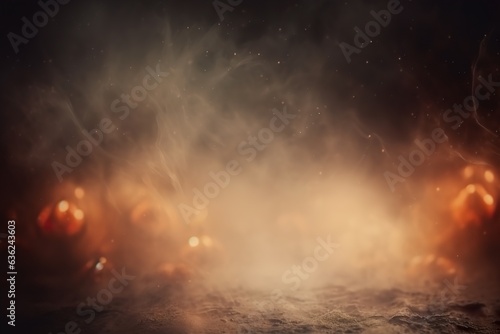 Dark abstract Halloween background with empty space. Smoke, orange lights. Copy space for your text. Happy Halloween. Mystical backdrop. Generative AI.