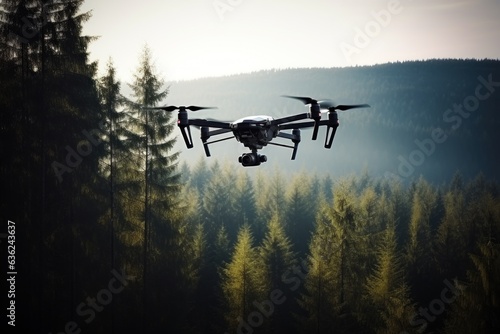 Drone with camera flying with a forest in the background