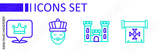 Set line Crusade, Castle, King with crown and icon. Vector