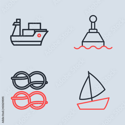 Set line Floating buoy, Nautical rope knots, Yacht sailboat and Cargo ship icon. Vector