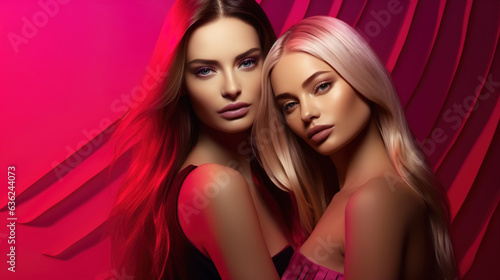 Two young beautiful young women on the pink background