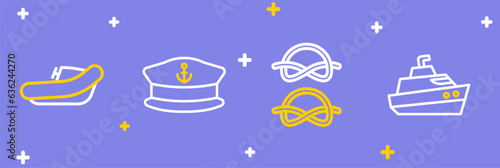 Set line Speedboat, Nautical rope knots, Captain hat and Inflatable with motor icon. Vector