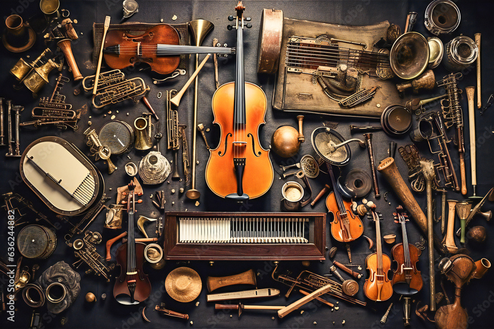 Fototapeta premium A group of diverse musical instruments, old and new