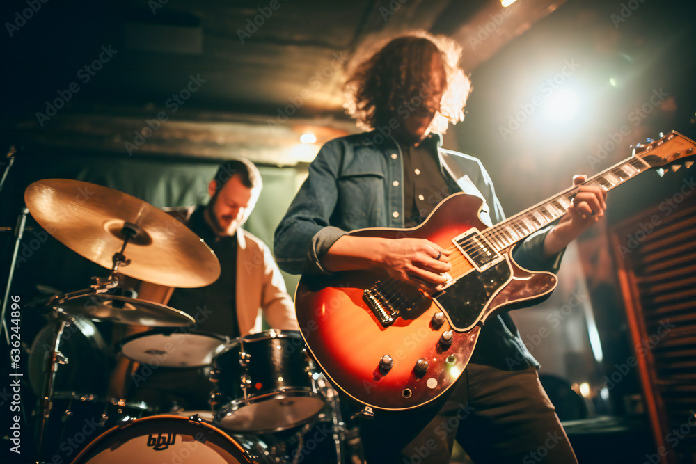 Fototapeta premium Jazz or rock event or festival, a person playing guitar with some drums behind