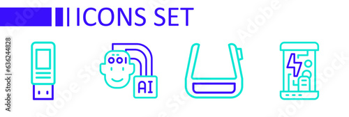 Set line Cryogenic capsules, Smart glasses on spectacles, Humanoid robot and USB flash drive icon. Vector