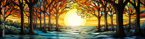 Mosaic stained glass window featuring a beautiful autumn sunset