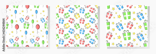 Gift boxes, stars and air balloons. Hand drawn doodle elements on white background.  Vector seamless patterns collection.