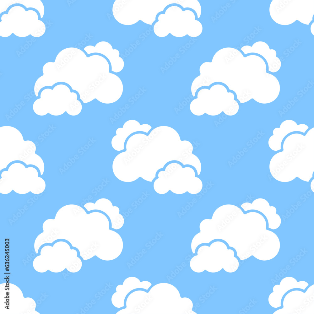 Cloudy sky. White clouds on blue background. Vector seamless pattern.