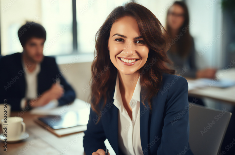 Young business woman smiling in her office Young business woman smiling in her office