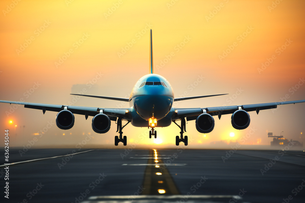 Fototapeta premium Passenger plane taking off from airport, front view