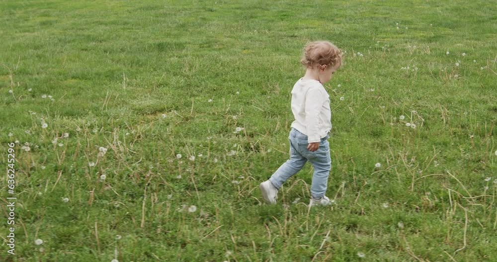 Young mother points at beautiful flowers on park meadow to toddler boy. Son walks towards dandelions on green meadow in spring urban park Young mother points at beautiful flowers on park meadow to toddler boy. Son walks towards dandelions on green meadow in spring urban park