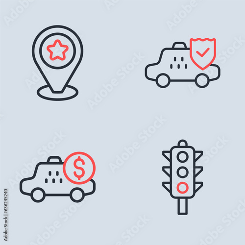 Set line Taxi car insurance, Taximeter device, Traffic light and Location with star icon. Vector
