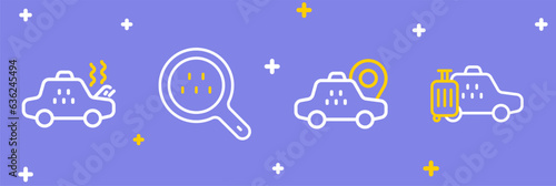 Set line Taxi car, Location taxi, Search and Broken icon. Vector