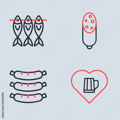 Set line Salami sausage, Sausage, Heart with glass of beer and Dried fish icon. Vector