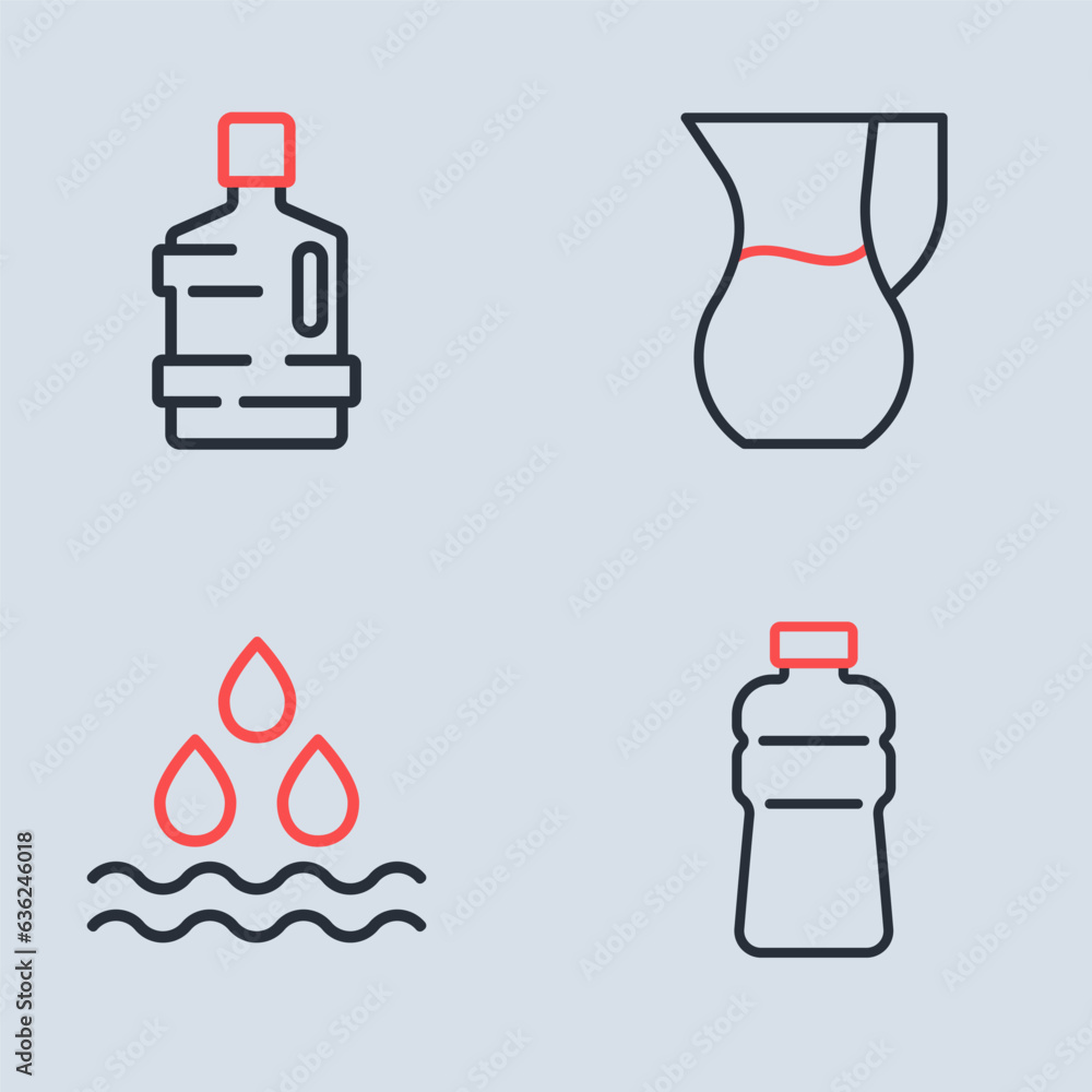 Set line Jug glass with water, Water drop, Bottle of and Big bottle clean icon. Vector Set line Jug glass with water, Water drop, Bottle of and Big bottle clean icon. Vector