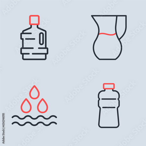 Set line Jug glass with water, Water drop, Bottle of and Big bottle clean icon. Vector