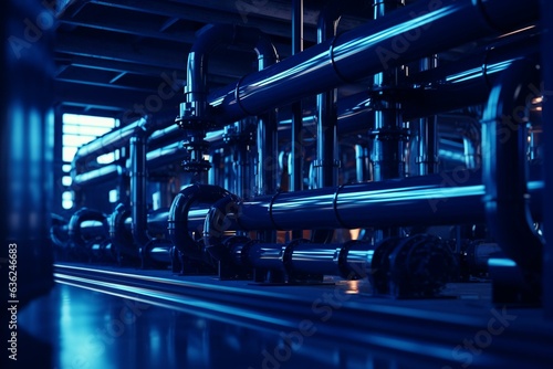 Industrial background with pipeline. Blue water pipes on dark blue background. Generative AI