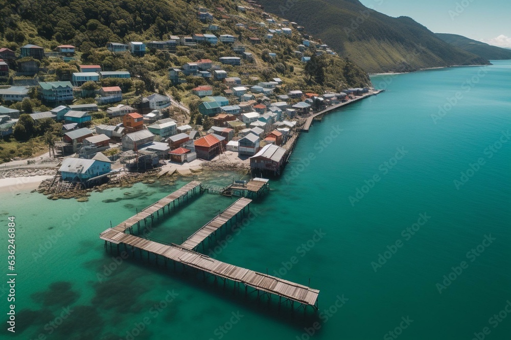 Aerial perspective of Frutillar, Chile showing a waterfront town with a pier in crystal clear blue waters. Generative AI
