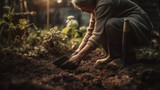 A gardener is manually planting in their backyard garden, while a woman wearing gloves is using a hand shovel tool to plant seedlings. They are preparing the soil for a vegetable garden at home.