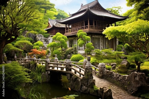 A beautiful Asian temple nestled within a serene garden. Generative AI © Cecilia