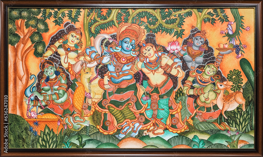 a vintage mural painting of male and female gods with traditional bright colors in a wooden frame