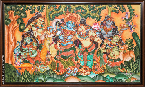 a vintage mural painting of male and female gods with traditional bright colors in a wooden frame