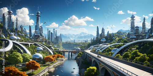 Futuristic cityscape with river, road, densely planted trees and greenery, future city with skyscrapers and modern buildings