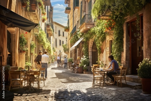 Quaint Mediterranean alley, historic stone houses, and rustic charm. Tuscany hidden beauty. Concept of travel and summer vacation. © Postproduction