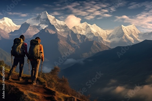 Travelers on cliffs edge, winter mountain panorama. Concept of natures beauty and adventurous spirit. © Postproduction