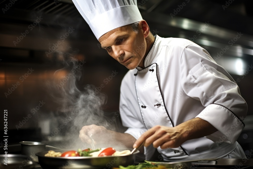 Mature chef expertly assembles vegetarian meal, showcasing culinary finesse. Concept of refined gastronomic skills. Mature chef expertly assembles vegetarian meal, showcasing culinary finesse. Concept of refined gastronomic skills.