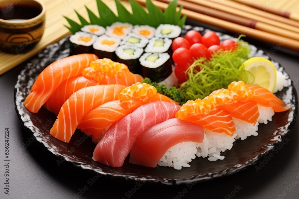 Freshly prepared sushi platter. Salmon, tuna, nigiri, maki, sashimi, ginger, wasabi. Concept of gourmet Japanese cuisine. Freshly prepared sushi platter. Salmon, tuna, nigiri, maki, sashimi, ginger, wasabi. Concept of gourmet Japanese cuisine.