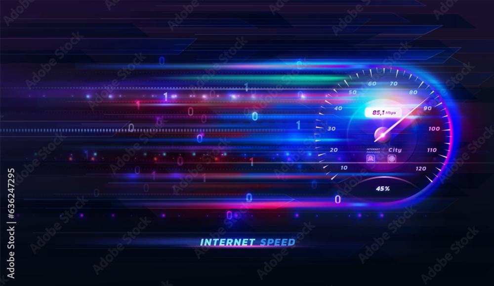 Internet speed. Speedometer and blurred motion light. Fast car accelerates. High web data tachometer. Download meter. Automobile race. Online technology. Vector exact background concept