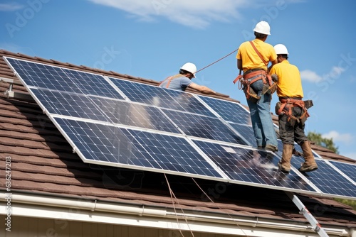 Solar panel maintenance by engineers. Roof repair and sensor adjustment. Concept of sustainable energy management.