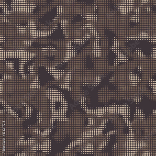 Digital military camouflage. Seamless camo pattern. Halftone dots background. Skin of a chameleon or snake. Dark brown color. Abstract texture for print on fabric, textile or paper. Vector