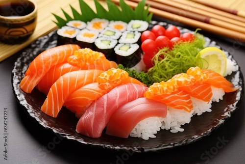 Freshly prepared sushi platter. Salmon, tuna, nigiri, maki, sashimi, ginger, wasabi. Concept of gourmet Japanese cuisine.