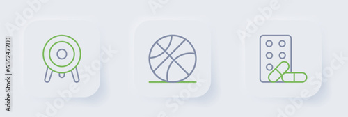 Set line Sports doping with dumbbell, Basketball ball and Target sport icon. Vector
