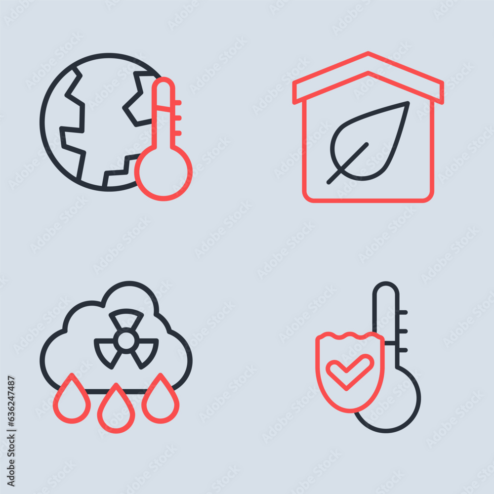 Set line Eco friendly house, Acid rain radioactive cloud, Thermometer and Earth melting to global warming icon. Vector Set line Eco friendly house, Acid rain radioactive cloud, Thermometer and Earth melting to global warming icon. Vector