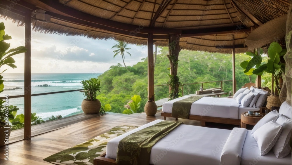 Beautiful outdoor views jungle. Ocean shoreline landscape. Bedroom furniture with vegetation. Travel vacation.