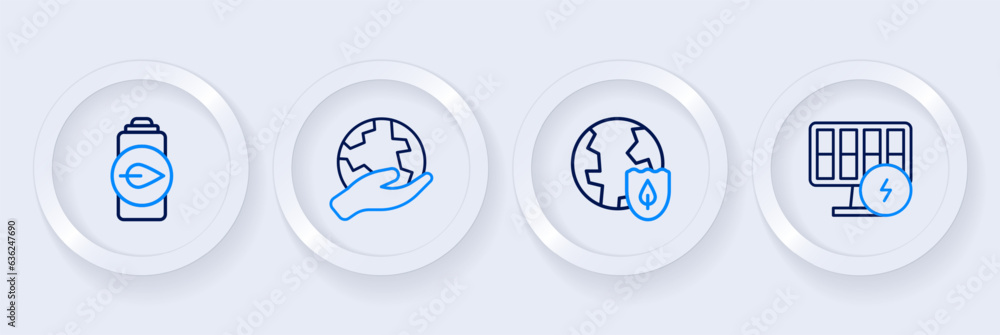 Set line Solar energy panel, Earth with shield, Hand holding globe and Eco nature leaf battery icon. Vector Set line Solar energy panel, Earth with shield, Hand holding globe and Eco nature leaf battery icon. Vector