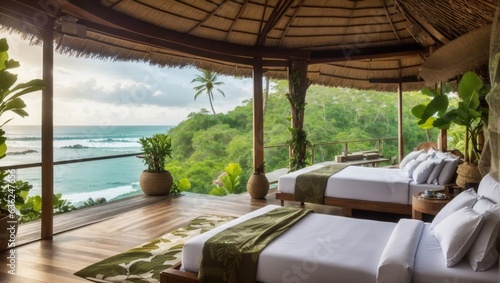 Beautiful outdoor views jungle. Ocean shoreline landscape. Bedroom furniture with vegetation. Travel vacation. © sachal