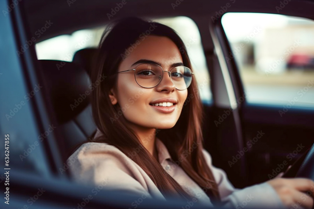 Pretty young successful happy brunette driving a car