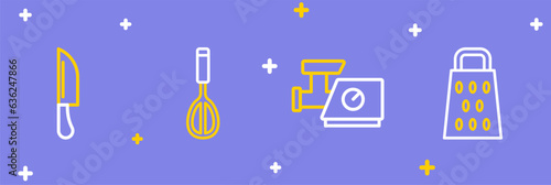Set line Grater, Kitchen meat grinder, whisk and Knife icon. Vector
