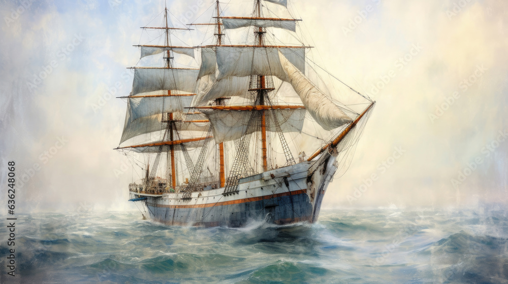 Fototapeta premium Barque ship painted in the ocean by watercolor. Generative Ai