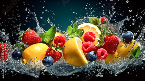 Fresh various fruits fall in water splashes. Dark background. Banner.