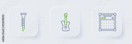 Set line Guitar amplifier, Electric bass guitar and Clarinet icon. Vector